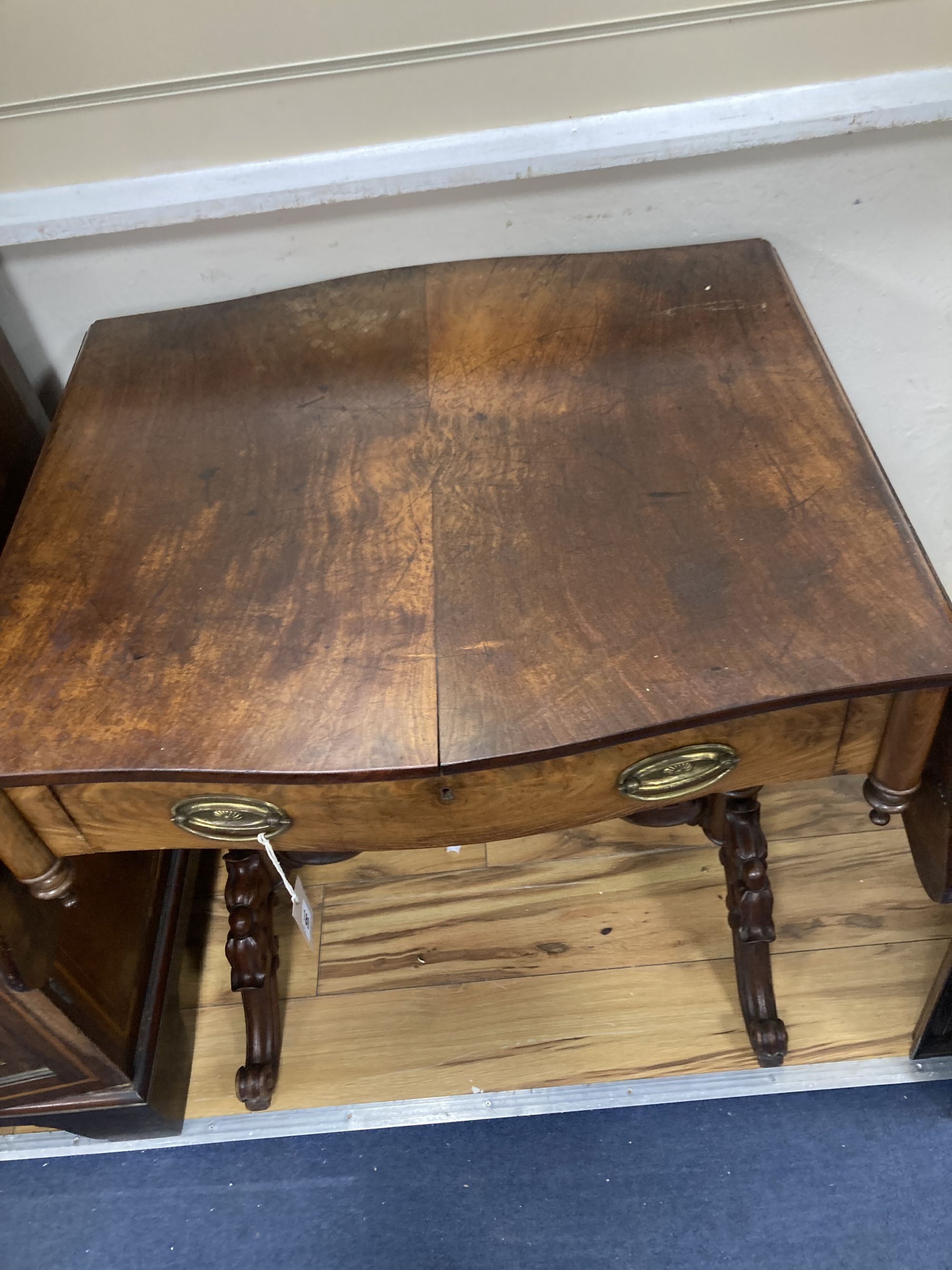 A 19th century French mahogany sofa table, width 74cm, depth 65cm, height 73cm